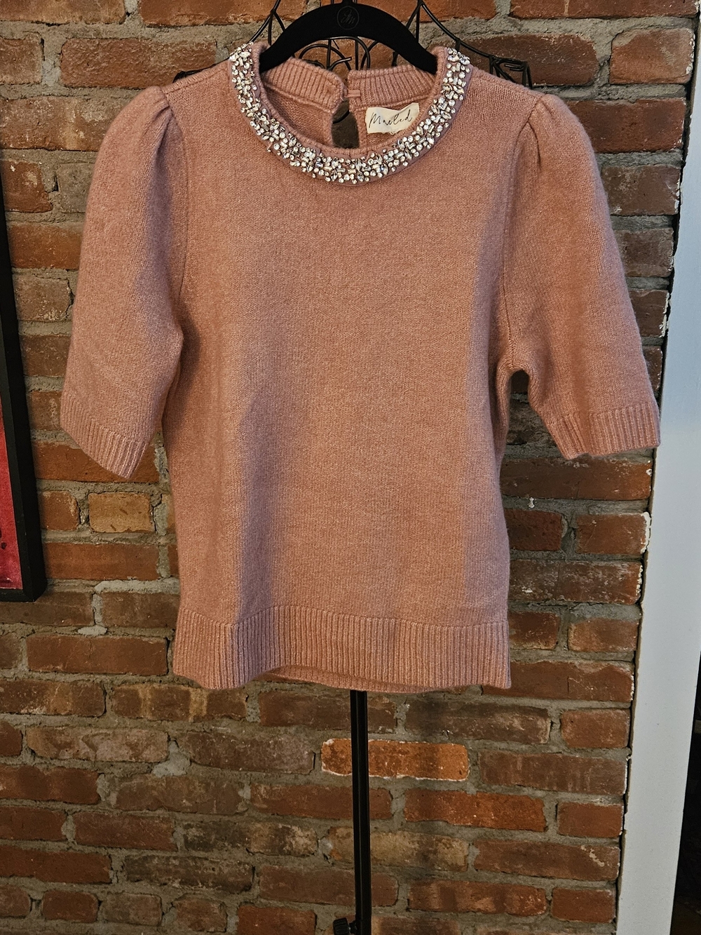 Marled Pink Jeweled Collar Crewneck Sweater